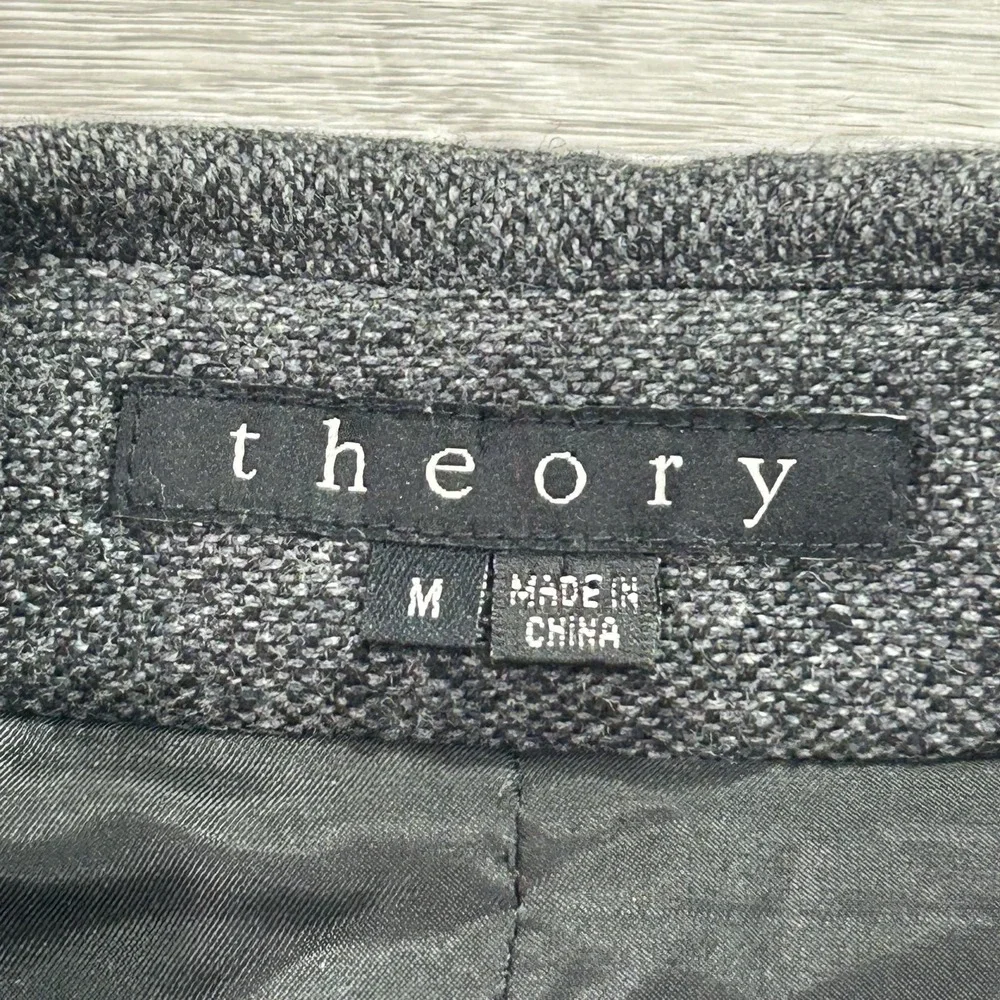 Theory Coat Womens‎ Medium Gray Wool Blend Cropped Tweed Pea Jacket 3/4 Sleeve